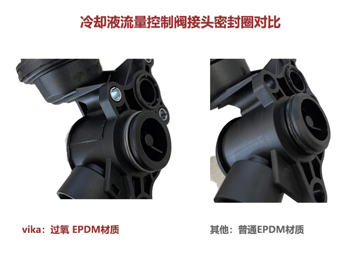 冷却液流量控制阀接头密封圈对比,vika升级为过氧EPDM材质。 冷却液流量控制阀接头密封圈对比,vika升级为过氧EPDM材质。