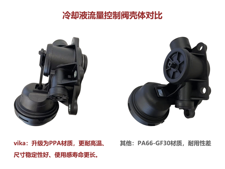冷却液流量控制阀壳体对比,vika升级PPA材质,使用寿命更长。 冷却液流量控制阀壳体对比,vika升级PPA材质,使用寿命更长。